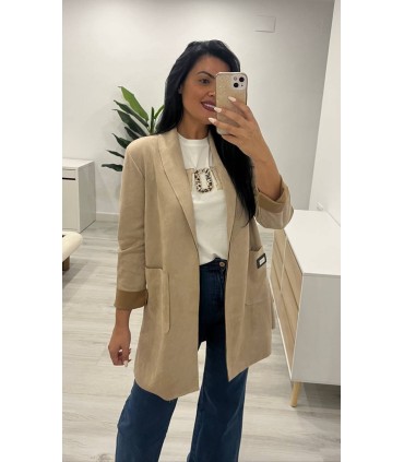 Chaqueta blazer larga piel de antelina beig