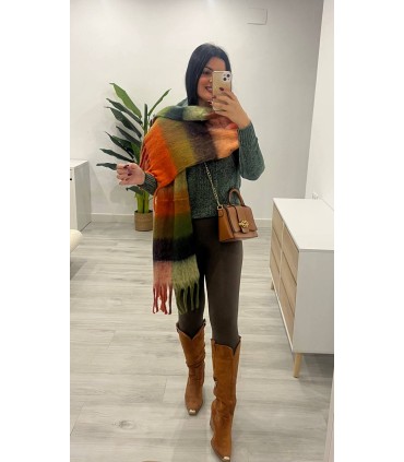 Pasmina cuadros naranja verde