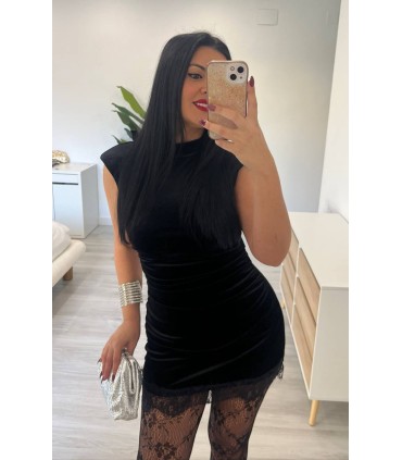 Vestido terciopelo corto encaje negro
