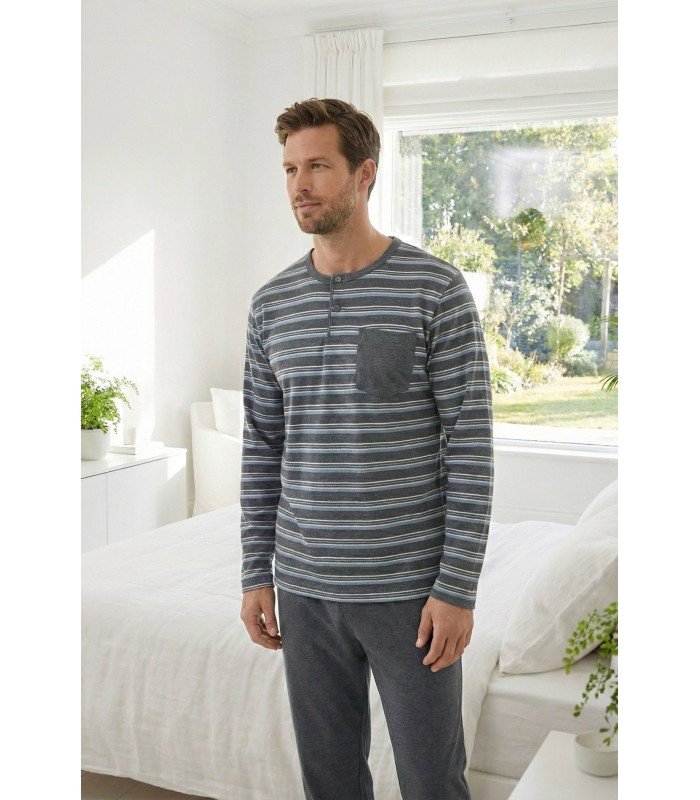 Pijama caballero algodón felpa rallas gris