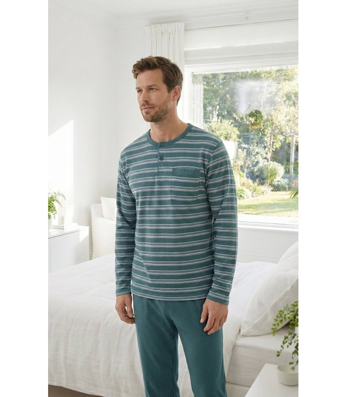 Pijama caballero algodón felpa rallas verde