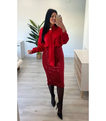 Falda lentejuela roja midi