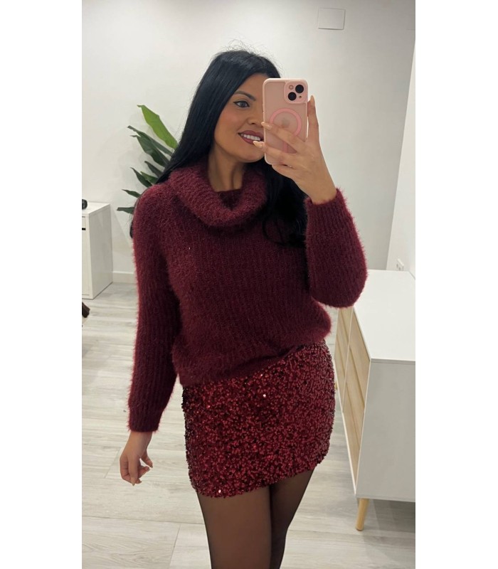 Falda corta lentejuela burdeos