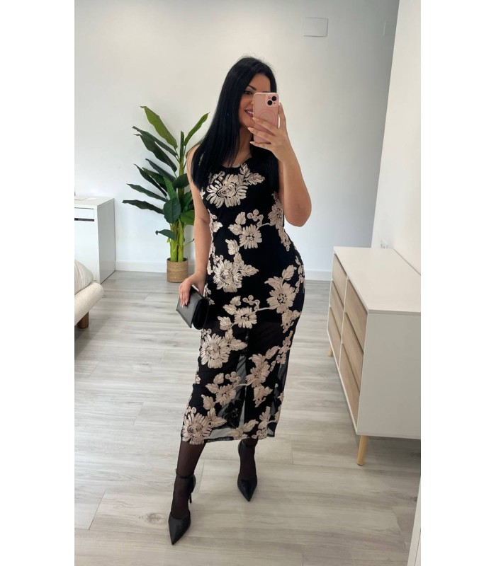 Vestido largo flores crudo