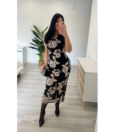 Vestido largo flores crudo