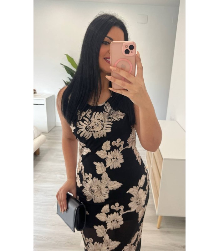 Vestido largo flores crudo