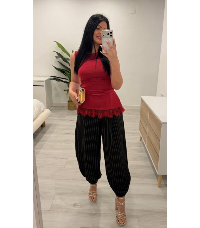 Pantalón globo vestir negro rallas