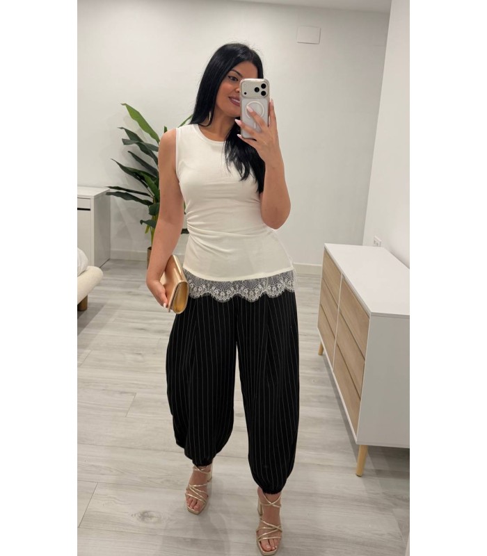 Pantalón globo vestir negro rallas