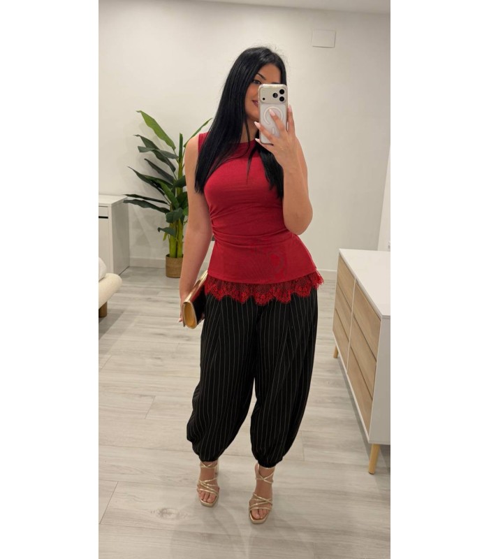 Pantalón globo vestir negro rallas