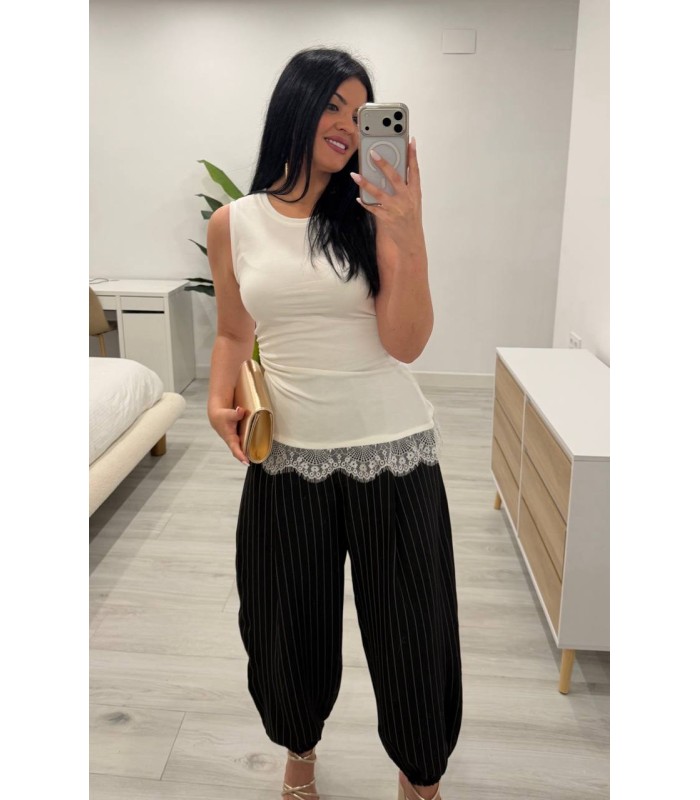 Pantalón globo vestir negro rallas