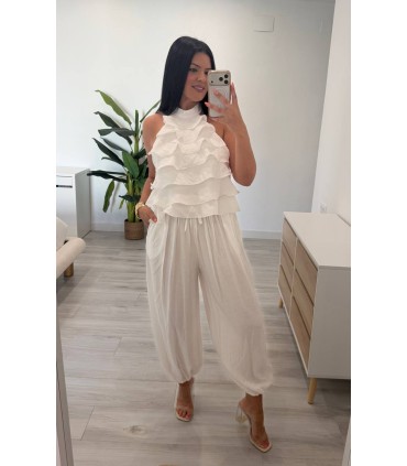 Conjunto lino volantes lazo en espalda blanco