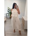 Conjunto lino volantes lazo en espalda blanco