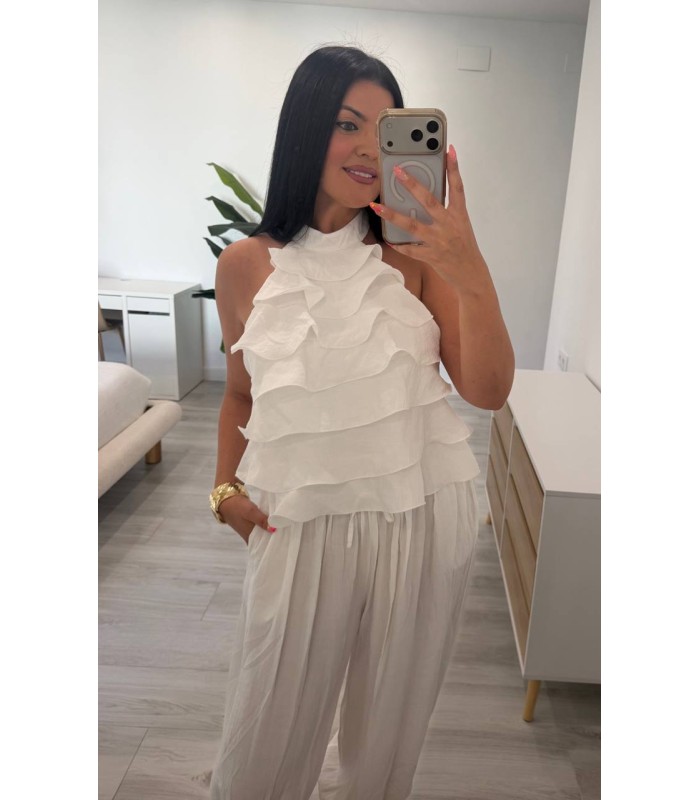Conjunto lino volantes lazo en espalda blanco