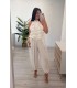 Conjunto lino volantes lazo en espalda blanco