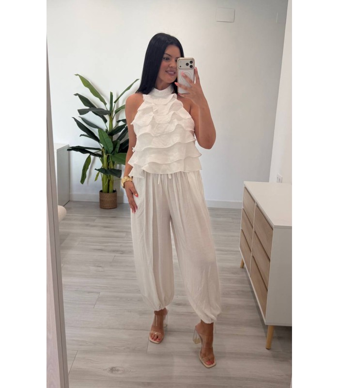 Conjunto lino volantes lazo en espalda blanco