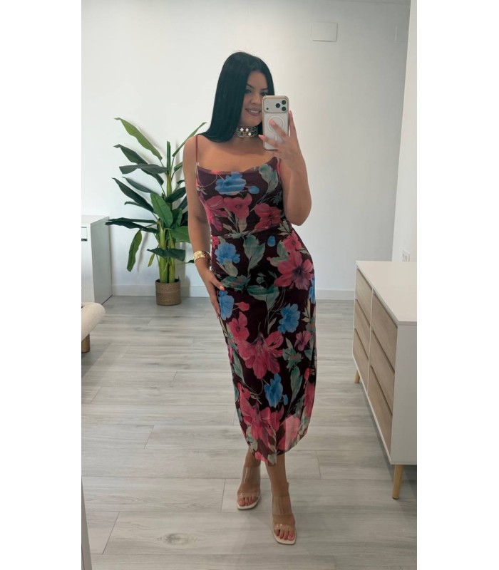 Vestido Catina flores granate
