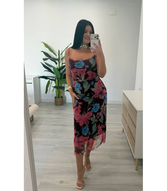 Vestido Catina flores granate