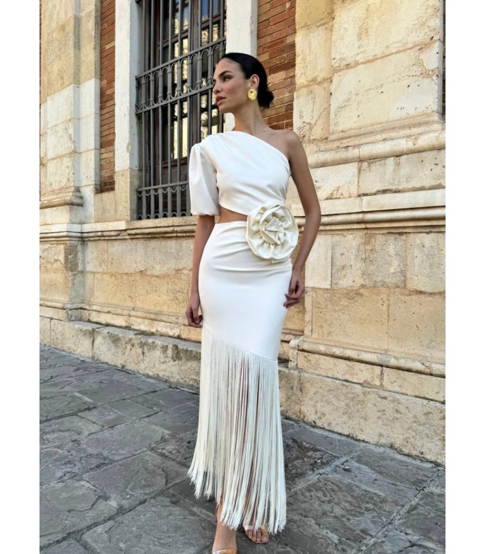 Vestido Triana flecos blanco roto