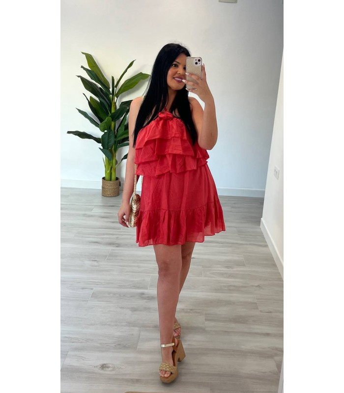 Vestido corto volantes coral