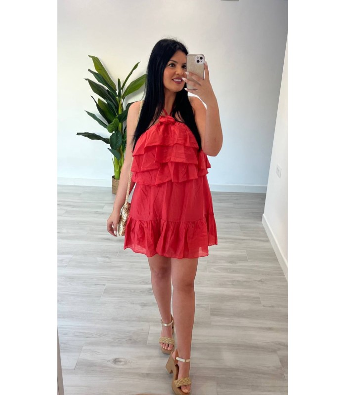 Vestido corto volantes coral