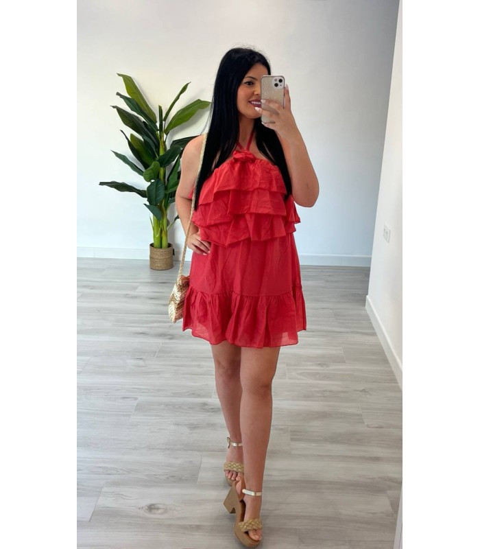 Vestido corto volantes coral